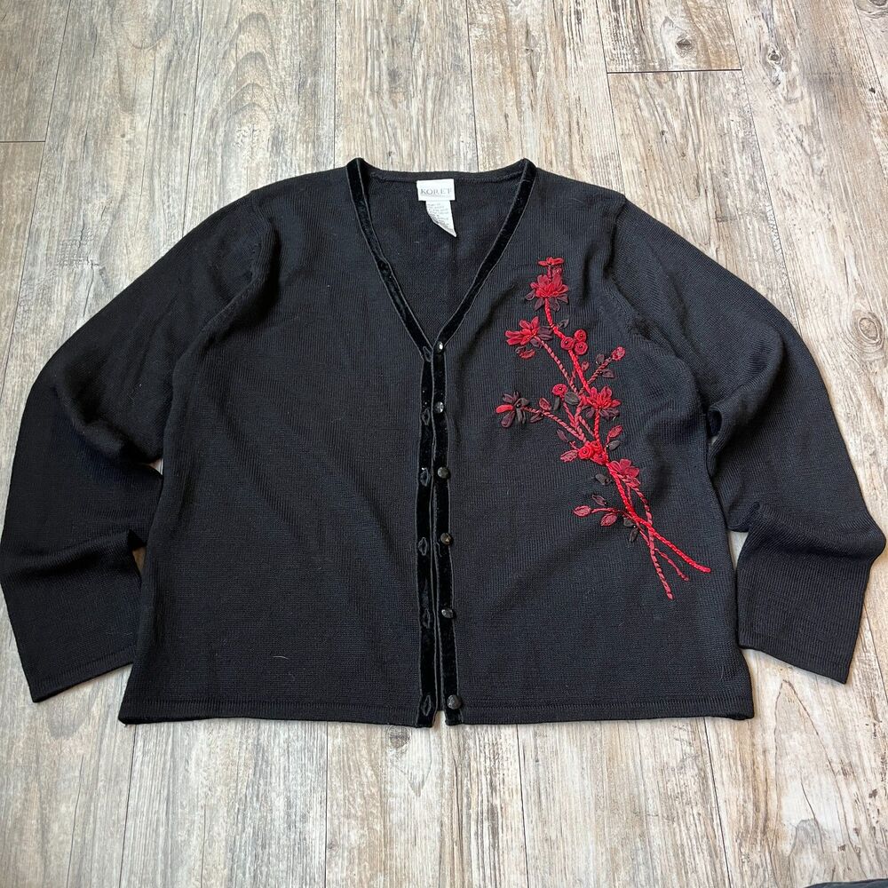 Vintage Sweater Cardigan Women's Small Black Red Embroidered Whimsygoth Koret